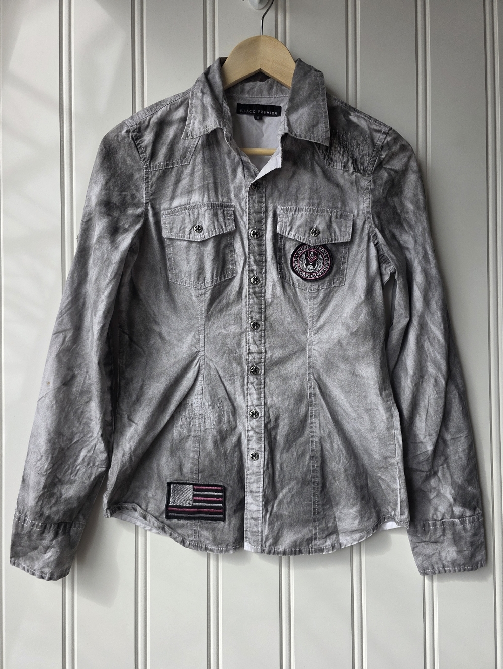 Affliction Black Premium Button Front Distressed Grey Shirt Womens Small